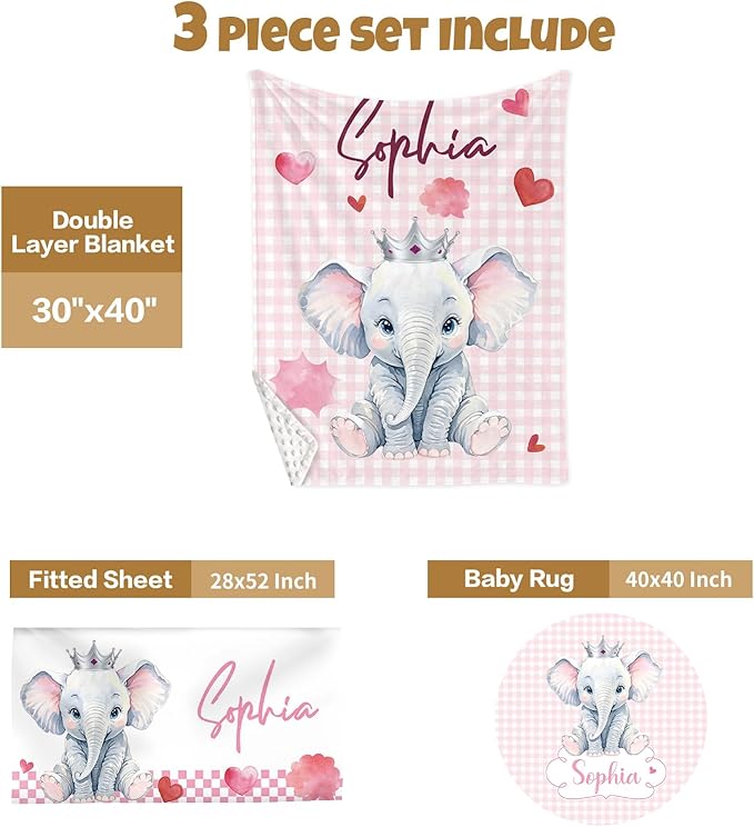 Custom Baby Crib Bedding Set, 3 Pcs Personalized Nursery Bedding Set with Name, Soft Baby Bedding Crib Sets with Blanket - Toddler Crib Set for Girl Boy, Infant Newborn Gift, Pink Cute Elephant
