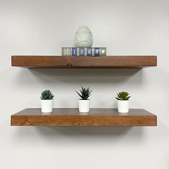 URBANDI, Rustic Floating Shelves, Set of 2, Hidden Bracket, Solid Wood, Heavy Duty, Wall Mounted Shelves, (Provincial, 24Wx6D)