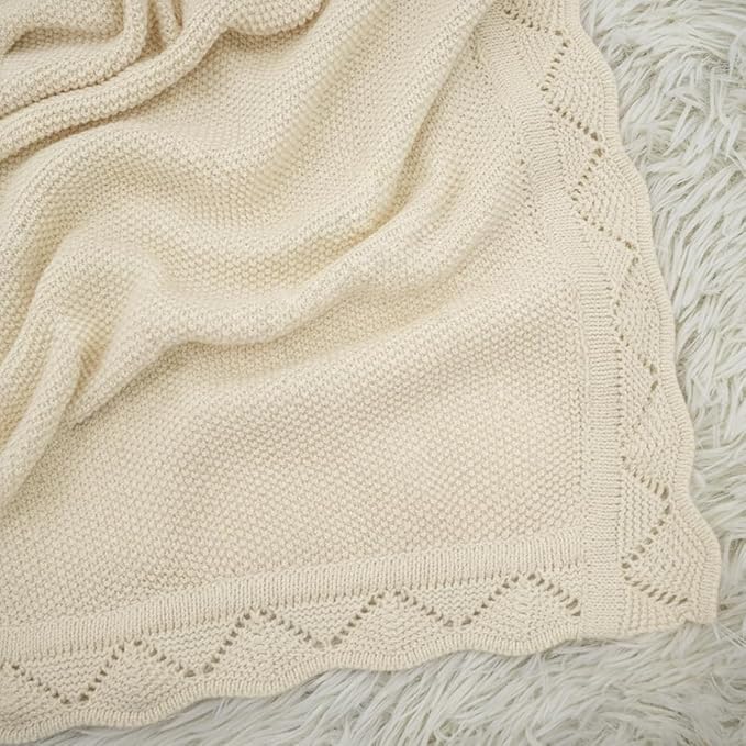 Baby Knit Blanket Soft Breathable Cotton Scallop Border Blankets Newborn Knitted Blanket Swaddle Blankets Gifts for Baby Newborn Toddler Shower Boy Girl New Mom Birthday Christmas Cream 30x30