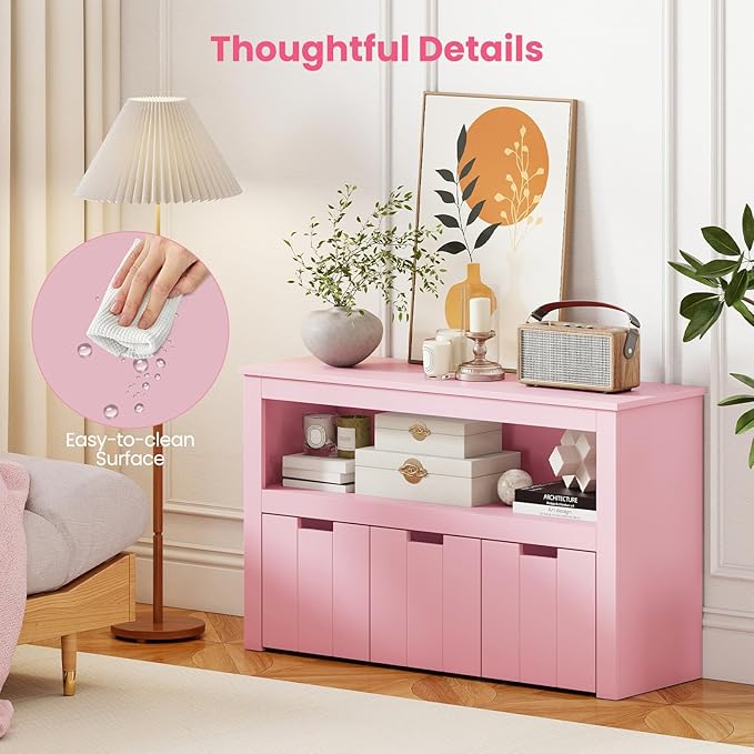 Costzon Toy Storage Cabinet, Toy Chest w/ 3 Removable Drawers, Wheels & Spacious Tabletop, Toddler Storage Organizer for Kids Room, Playroom & Nursery (Pink, 13" D x 40" W x 24.5" H (3 Drawers))
