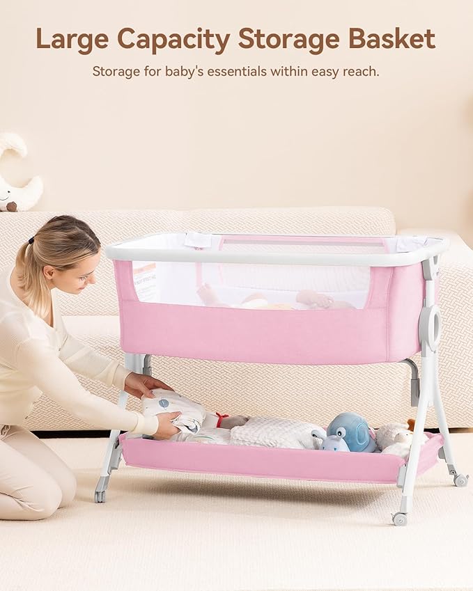 Larex Baby Bassinet, Baby Bassinet Bedside Sleeper with Storage Basket and Wheels, Height Adjustable Portable Crib for Newborn Infant, Easy Assemble and Folding(Pink)