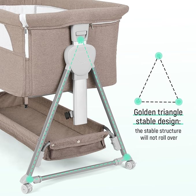 Cowiewie Bassinet Bedside Sleeper, Baby Bassinet with 7 Adjustable Height, Bedside Bassinet for Baby with Storage, Breathable Mesh & Mattress, Portable Bassinet Easy Folding (Baby Brown)