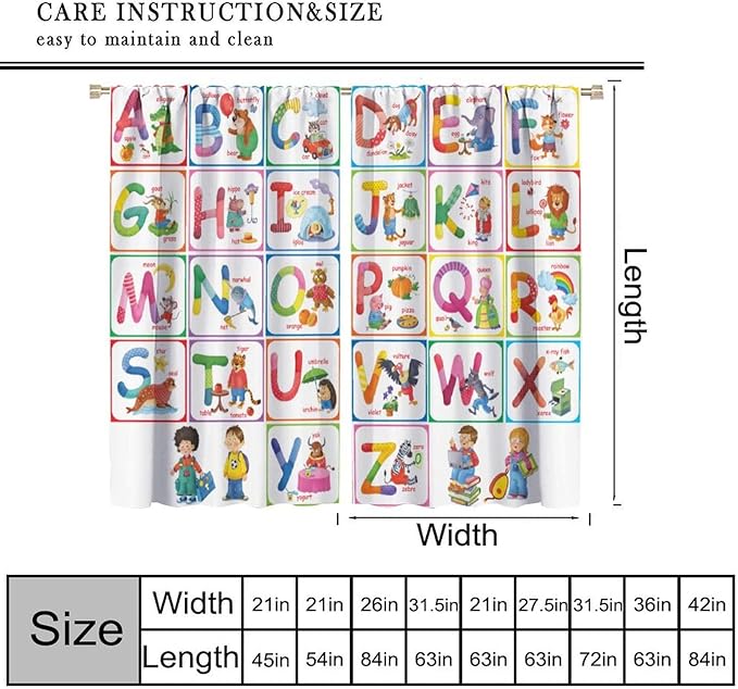 Kids Alphabet Curtains Cartoon Animal Funny Education Learning Curtain with Rod Pocket for Bedroom Nursery Children Toddler Decor Drapes Window Treatments 2 Panels Set 42" W X 54" L