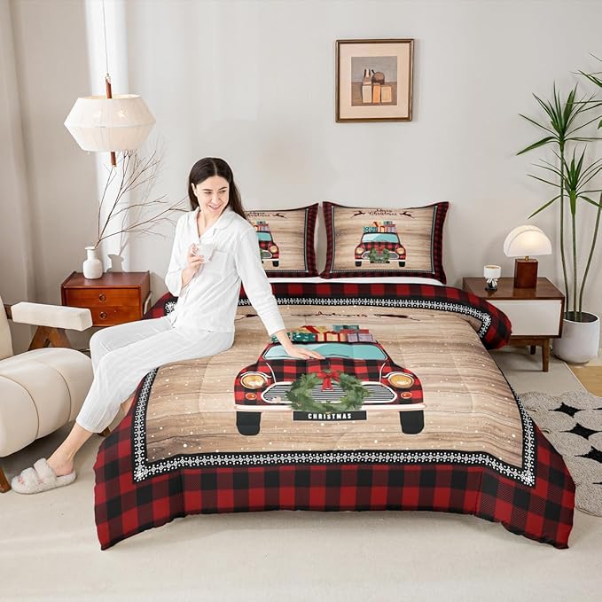 Rustic Farmhouse Brown Wooden 3 Pcs Queen Size Comforter Set,Snowflake Deer Red Plaid Down Alternative Adults Room Decor,Christmas Plaid Truck Ultra Soft Microfiber Inner Fill 3Pcs Bedding