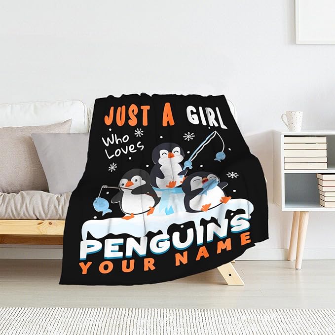 Personalized Penguin Blanket Adult - 60" x 80" Inches Cute Penguin Blanket for Women - Black Warm Furry Throws for Sofa, Bed & Living Room