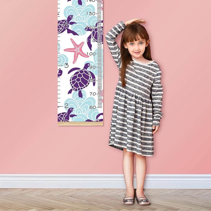 Personalized Kids Name Growth Chart Ruler for Wall Wood Frame Height Measure Chart 13.4x56 in Linen Hanging Height Growth Chart Sea Turtle Starfish Coral Kids Room Decor