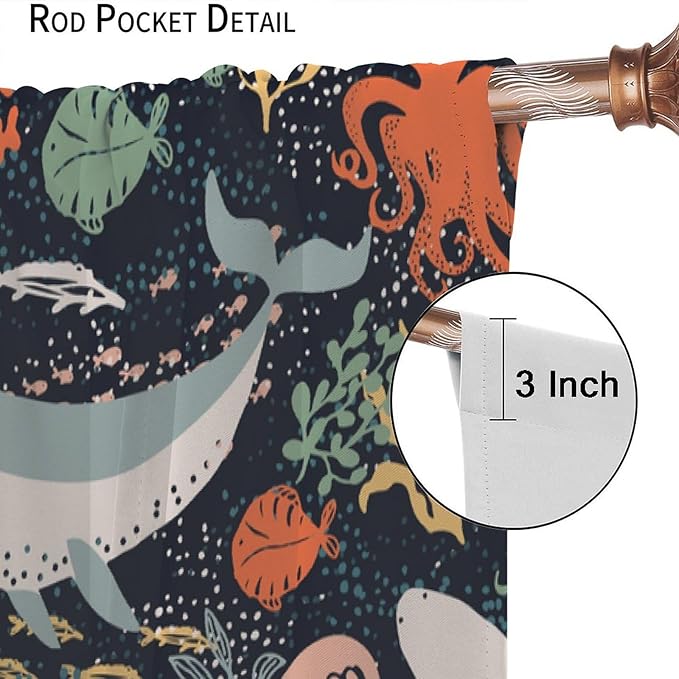 Sea Animals Curtain Cartoon Fish，Undersea Cute Whales Dolphin Underwater Wild Life Blue Ocean Boys Girls Waterproof Polyester Fabric Bedroom Decoration Set 2 Panels,42x54 Inches