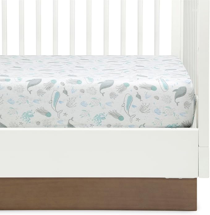Delta Children 100% Organic Cotton Fitted Crib Sheets, Sea Life + 100% Organic Jersey Cotton Baby Receiving Blankets – 30x40 Inches, GOTS Certified (Pack of 2) (Bundle)