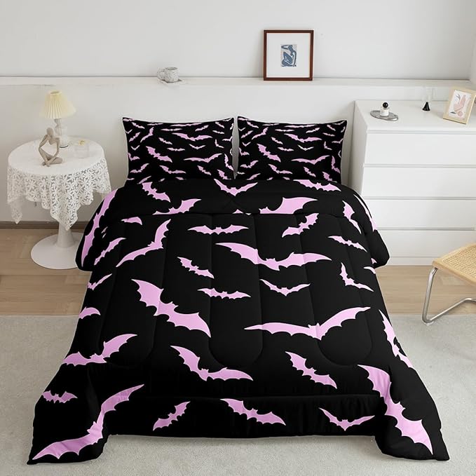 Erosebridal Halloween Bedding Set Toddler Size for Kids Boys Youth Pink Bats Comforter Set Happy Holiday Gothic Quilt with 1 Pillow Case Spooky Animal Bedding Comforter Sets