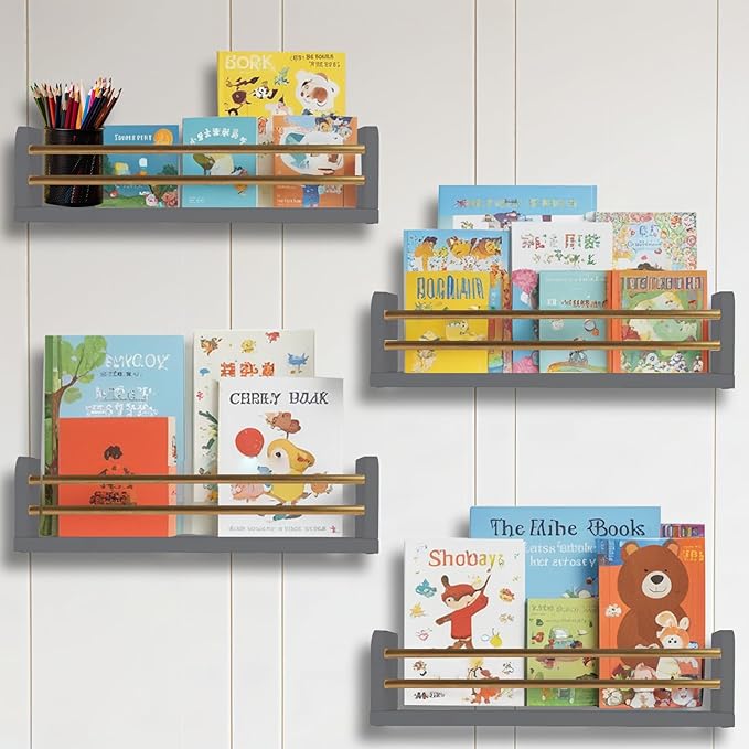 Nursery Wall Bookshelves 4-Pack, Floating Shelves for Kids Room Décor, Baby & Toddler Book Shelf Organizer, Solid Wood Wall-Mounted Rack for Books, Toys & Nursery Storage