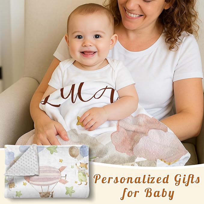 Personalized Baby Blanket for Girls, Custom Name Blanket for Newborn New Mom , Soft Flannel with Double Layer Dotted Backing, Gifts for Baby Shower Christmas Birthday, Hot Air Balloons(60"x80)