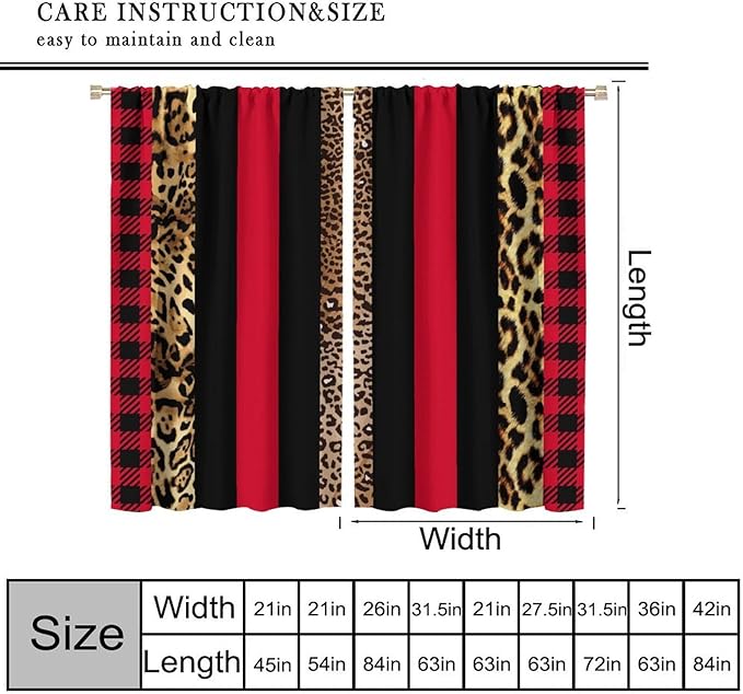 Leopard Skin Blackout Window Curtains, Brown Cheetah Red Black Plaid Stripe Print Window Drapes for Kids Boy Girls Bedroom Living Room 42" W X 45" L