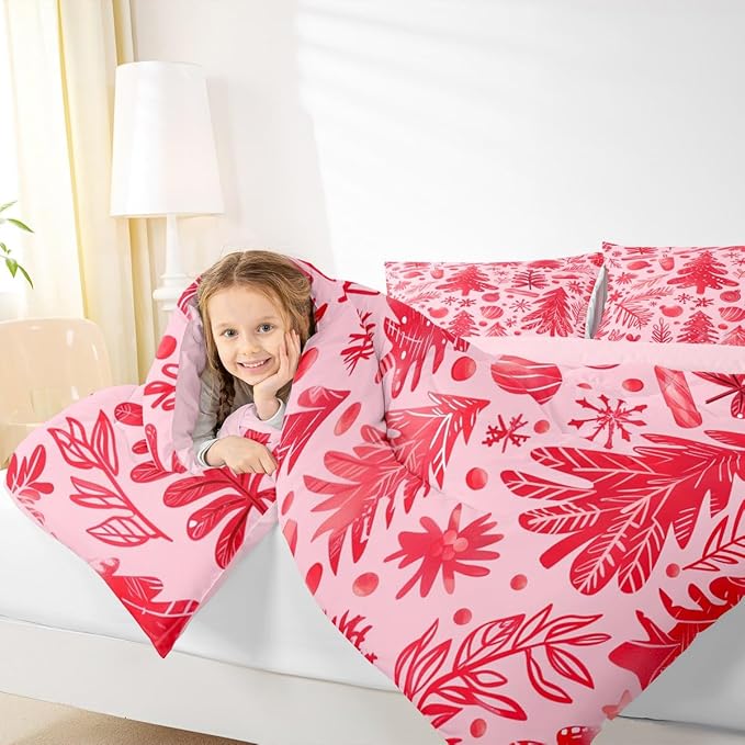 Feelyou Christmas Kids Comforter Set Twin Size Snowflake Candy Bedding Set Xmas Tree Duvet Quilt for Kids Boys Girls Bedroom Pine Tree Decor Microfiber Ultra Soft Breathable