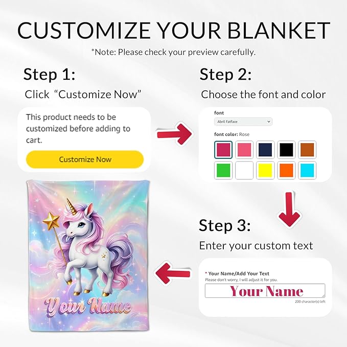 Custom Blanket for Kids - Unicorn Blanket for Girls 4-6 - Cute Toddler Gifts Throw for Crib, Lap