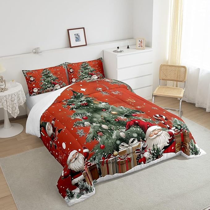 Christmas Theme Bedding Set Full Size,Snowflake Christmas Tree Comforter Set for Kids Teens Adults Room Decor,Santa Claus Red Duvet Insert 3Pcs,X'mas Star Polka Dot Glitter Quilt Set,2 Pillowcases