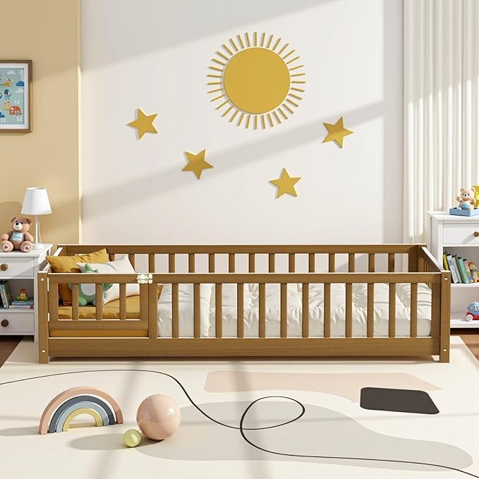 i-POOK Full Floor Bed Frame with Wood Slats, High Fence & Small Door, Pinewood Montessori Floor Bed for Girls and Boys,Light Espresso