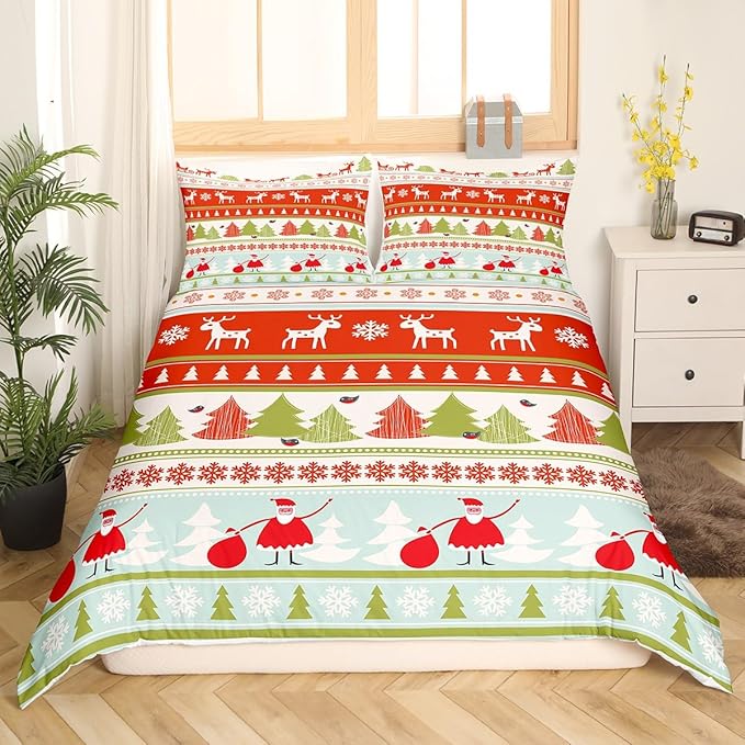 Manfei Xmas Duvet Cover Set King Size, Deer Snowflake Trees Santa Claus Comforter Cover with 2 Pillowcases, Christmas Theme Bedding Set 3pcs for Kids Boy Girls New Year Bedspread Cover,No Comforter