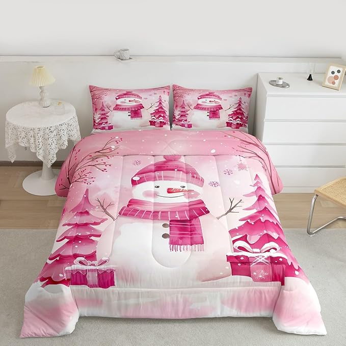 Feelyou Pink Christmas Comforter Set King Size Snowman Bedding Set for Kids Boys Girls Cute Snowflake Duvet Quilt Merry Christmas Tree and Snowman Bedroom Decor 3 Pcs with 2 Pillow Cases