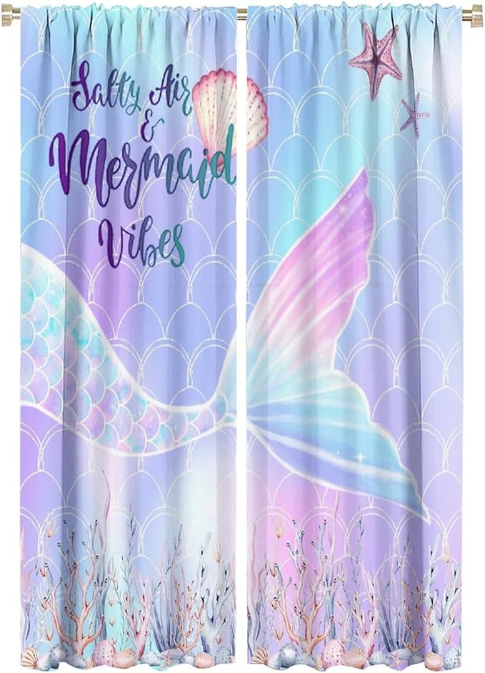Fantasy Mermaid Curtain Colorful Rainbow Fish Tail Ocean Theme Beautiful Kids Window Treatment for Girls Bedroom Nursery Room Decor Rod Pocket Window Drapes 42x63in