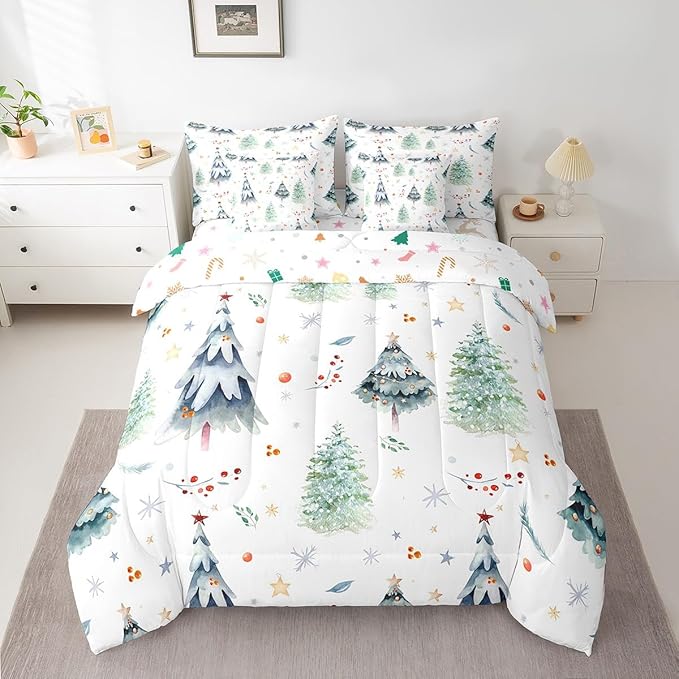 Feelyou Christmas Bed Set Xmas Tree Comforter Set with Sheets Snowflake Watercolor Blue Bed in a Bag for Kids Boys Girls Room Decor New Year Theme Bedding Set Bedroom Collection Twin Size