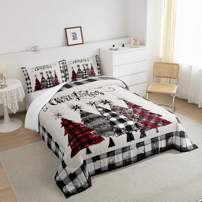 Christmas Trees Kids Comforter Set King Size,Geometric Grids Ink Tie-dye Bedding,Girls Boys Adults Bedroom/Xmas Cabin Decor,Rustic Vintage Down Comforter,Black Grey Retro Duvet Insert,2 Pillowcases