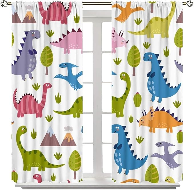 Dino Curtains, Cartoon Style Colorful Dinosaurs Pattern Blackout Window Treatments, Rod Pocket Thermal Insulated Drapes 2 Panel Sets for Kids Bedroom Nursery Classroom, 55" W X 63" L