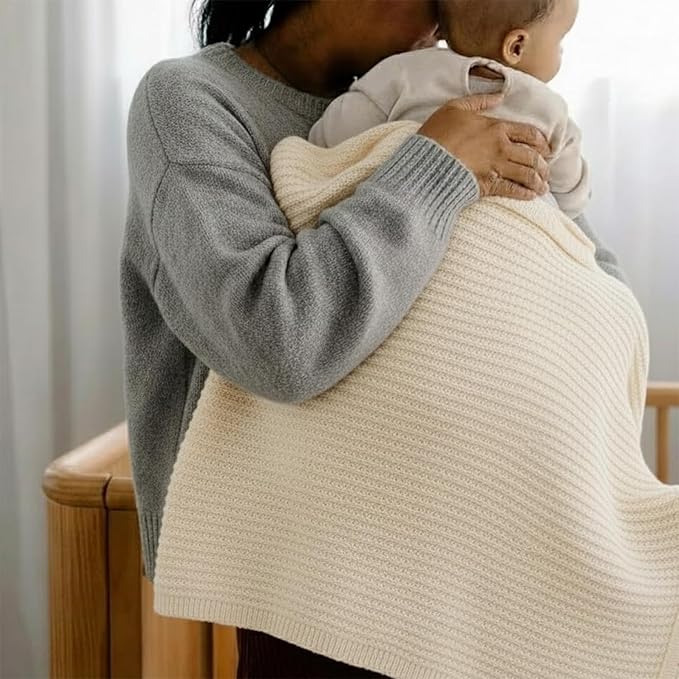 Baby Knit Blanket, 100% Cotton Waffle Patterns, Soft, Cozy, Lightweight Swaddle for Newborn & Infant Swaddling Beige Neutral, Perfect Baby Shower Ideas Cream 28x36