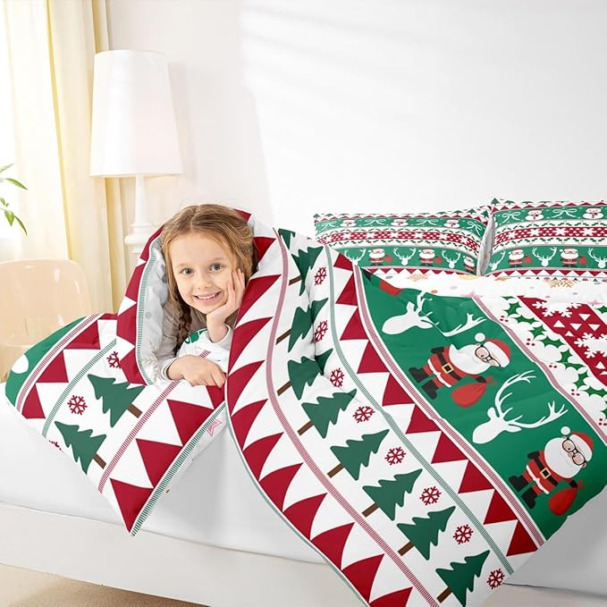 Feelyou Merry Christmas Tree Comforter Set Toddler Size Cute Snowman Bedding Set for Kids Boys Girls Santa Claus Duvet Quilt Cartoon Bowknot Bedroom Decor Microfiber 2 Pcs with 1 Pillow Cases