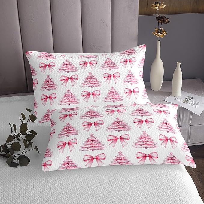 Manfei Pink Bowknot Kids Bedspread King Size,Christmas Trees Pine Bow Tie Toddler Coverlet Set,Girls Women Room Decor,Merry Christmas Happy New Year Quilted Coverlet,Xmas Bedding Quilt,2 Pillowcases