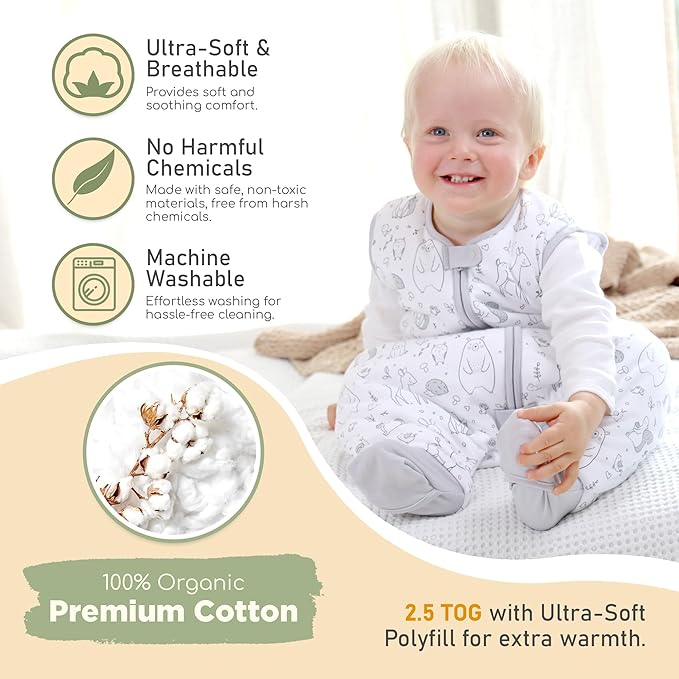 Mama Cheetah Toddler Sleep Sack with Feet 3T-4T, 2.5 TOG Organic Cotton Baby Sleeping Bag with Legs, Winter Baby Wearable Blankets for Early Walker L