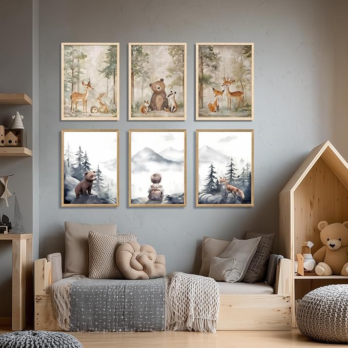 Cyebmo Woodland Boy Nursery Wall Art Set of 3, Whimsical Boy Adventure Wall Decor, Mountain Forest Animal Bear Fox Canvas Painting for Classroom Kids Room Baby Nursery Wood Framed 16"x24"x3