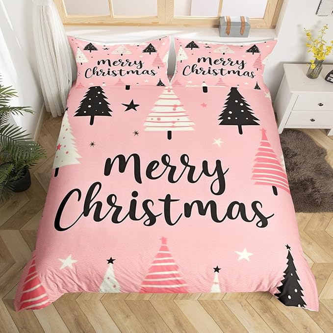 Feelyou Merry Christmas Bedding Set Christmas Tree Duvet Cover for Kids Boys Girls Stars Print Comforter Cover Pink Christmas Bedspread Cover with 2 Pillowcases 3Pcs Bedding Queen,No Comforter