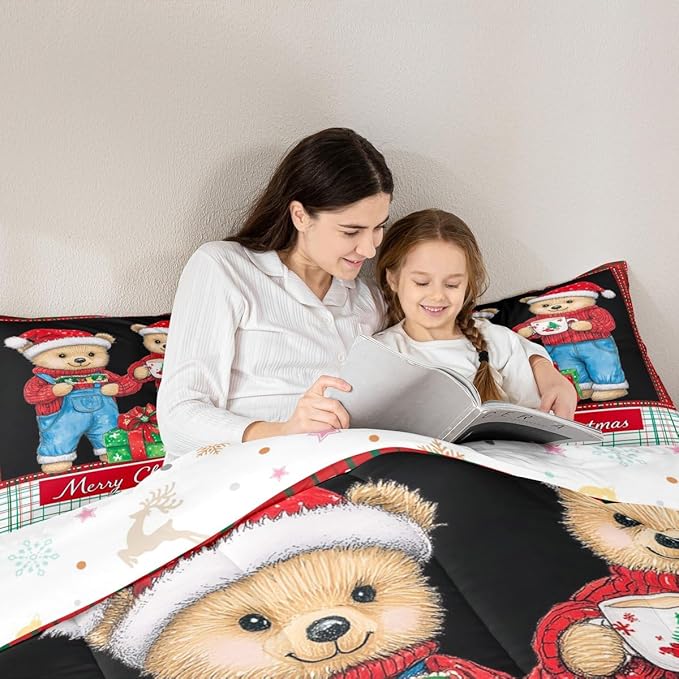 Feelyou Merry Christmas Bedding Set Soft for Boys Girls, Cute Bear Comforter Set Queen Size Duvet Quilt Microfiber Winter Bedroom Decor 3 Pcs with 2 Pillow Cases