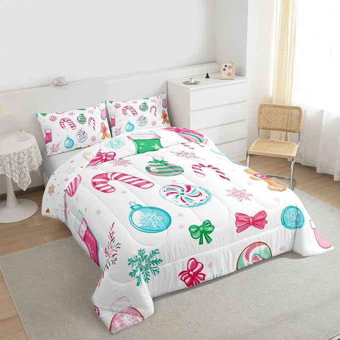 Feelyou Candy Cane Comforter Set King Size Christmas Ornament Bedding Set for Kids Boys Girls Snowflake Duvet Quilt Festive Bow Bedroom Decor Christmas Stocking Microfiber 3 Pcs with 2 Pillow Cases