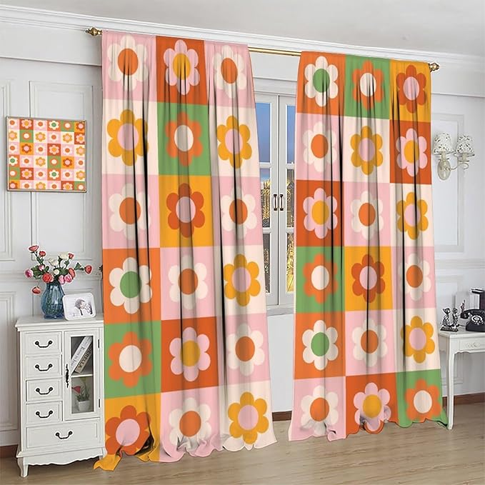 70s Flowers Curtains,Vintage Cute Colorful Abstract Floral for Girls Kids Bedroom Bathroom Curtains Window,Trendy Groovy Funky Novelty Home Window Treatments Drapes 42"" W X 54"" L, Style-5