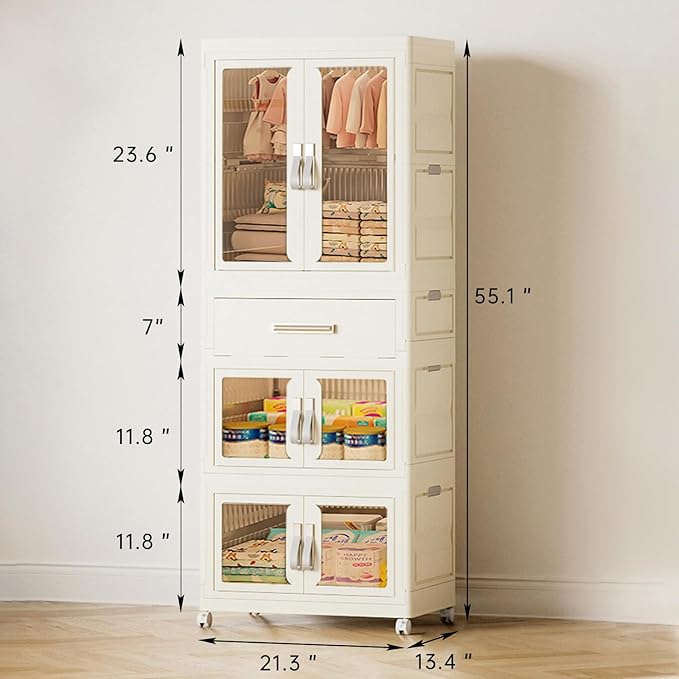 Portable Kids Wardrobe Closet with Doors, Plastic Baby Wardrobe Storage Cabinet with Hanging Rod Children's Clothes Closet Costume Storage Organizer (1 Pack)