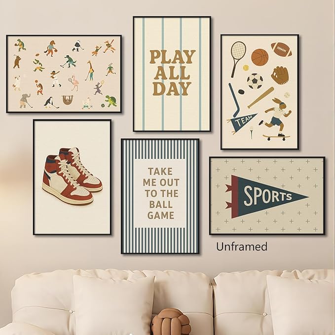Sports Posters for Boys Bedroom, Boy Nursery Canvas Wall Art, Cute Animal Athletes & Sports Equipment Pictures, Charming Quotes Take Me Out To The Ball Game Play All Day Print 12x16in Unframed