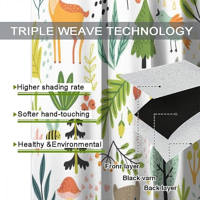 Cartoon Forest Kids Blackout Curtains,Cute Woodland Wild Animals Colorful Deer Plants Trees Print Pattern Thermal Insulation Window Drapes for Nursery Boys Girls Bedroom,White Background 42x54 Inch
