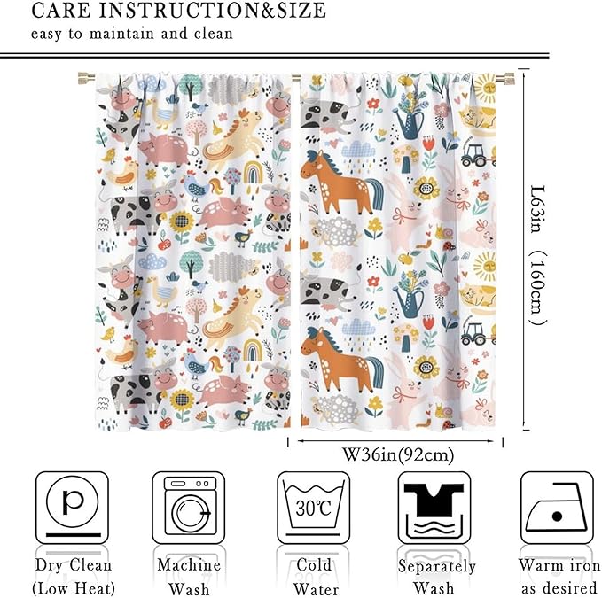 Farm Animal Curtains for Kids, Cartoon Cute Wild Animal Window Treatments Woodland Farmhouse Cow Horse Pig Window Drapes for Girls Boys Nursery Toddler Bedroom 72x63in
