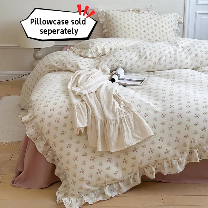 BuLuTu Cotton Muslin Duvet Cover Queen, Chic Shabby Azalea Floral Comforter Cover with Ruffles, Soft Breathable Gauze Quilt Covers for Kids Teens,90"x90", Zipper Closure, No Pillow