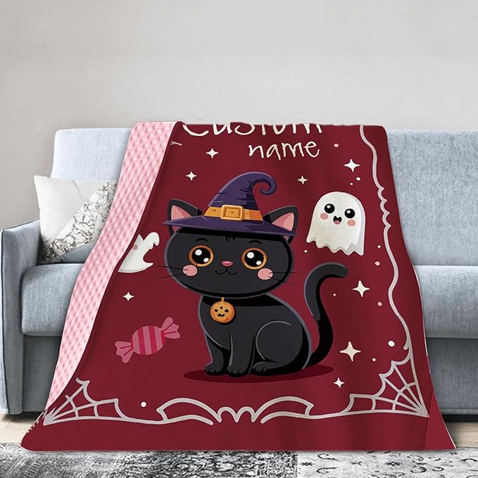 Personalized Halloween Blanket for Girls, Custom Baby Blanket with Name, Cute Cat Theme Soft Minky Dot Blanket, Halloween Decor Christmas Birthday Gifts for Kids Toddlers