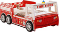 LKTART Twin Size Car Bed for Kids, Fire Truck-Shaped Wooden Platform Bed Frame with LED Lights, Headboard Wheels and Support Slats for Boys Toddlers Child's Bedroom (Red)