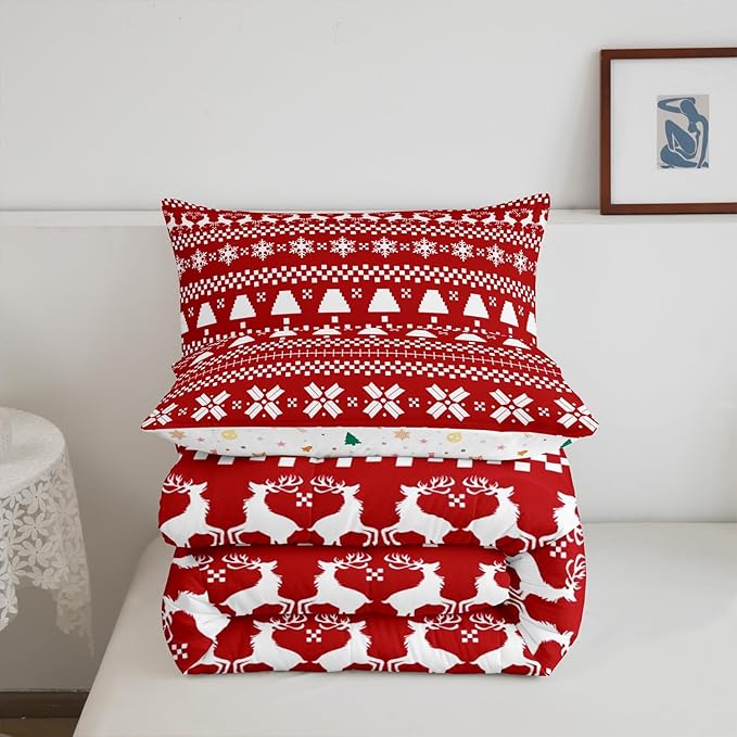 Feelyou Red Christmas Bedding Set for Kids Boys Girls King Size Xmas Deer Decor Comforter Set Ultra Soft Xmas Snowflake Comforter Winter Duvet Quilt Bedroom Decor Christmas Decor Quilt