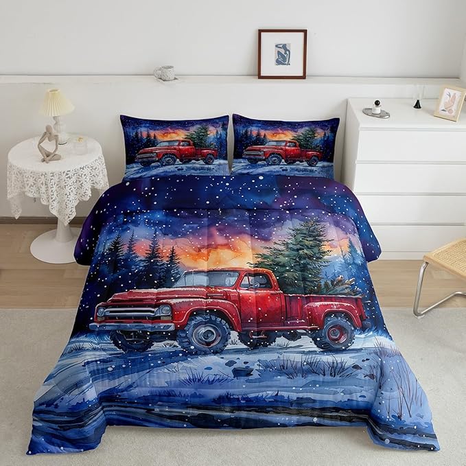 Red Truck Kids Comforter Set Twin Size,Christmas Tree Snowflake Bedding Set for Teens Boys Girls Room Decor,Woodland Nature Scenery Quilt Set 2Pcs,Merry Christmas Theme Duvet Insert,1 Pillowcase