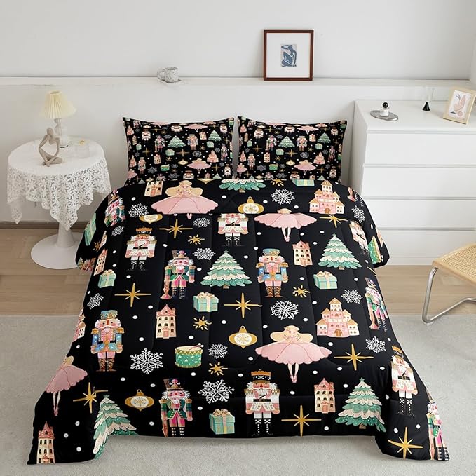Erosebridal 7Pcs Black Christmas Comforter Set Queen Size,Nutcracker Bedding Set,Xmas Snowflake Stars Bed in A Bag,Romantic Princess Castle Quilt with Flat Fitted Sheet