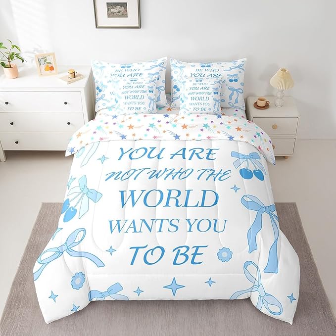 7 Pieces Blue Bowknot Kids Comforter Set Queen,Cherry Tropical Fruit Cartoon Princess Bedding Set,Bow Tie Stars Daisy Cute Blue Dreamy（Comforter+Fitted+Flat Sheet+2 Pillowcases+2 Throw Pillow Covers）