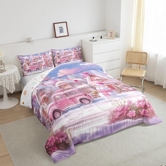Manfei Christmas Comforter Set Full Size, Pink Truck Flower Snowman Bedding Set for Kids Girls Room Decor, New Year Theme Down Comforter, Lightweight Duvet Insert, 2 Pillowcases