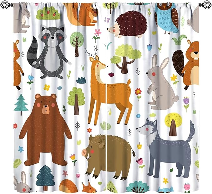 Forest Animals Kids Blackout Curtains Cartoon Cute Bear Deer Squirrel Owl Hedgehog Modern Art Print for Boys Girls Bedroom Living Room Nursery Rod Pocket Decoration Window Drapes 2 Panels W31.5xL63in
