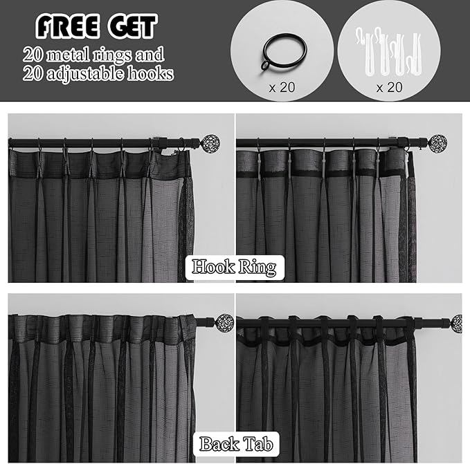 Black Linen Look Pinch Pleated Sheer Curtains 84 Inches Long 2 Panels, 50 Inches Width, Rustic Textured Light Filtering Drapes, Dark Moody Window Curtain with Hooks