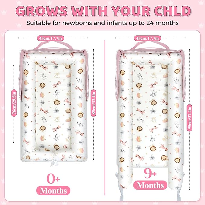 Baby Lounger for Newborn 0-24 Months, Portable Infant Lounger with Soft Breathable Cotton, Adjustable Size Lengthen Space Lightweight & Washable Essentials for Home (2. Pink Animal World)